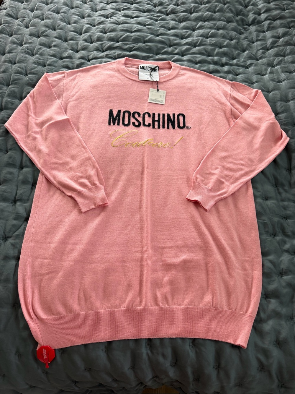 Moschino Pink Logo Knit Dress with Gold Script